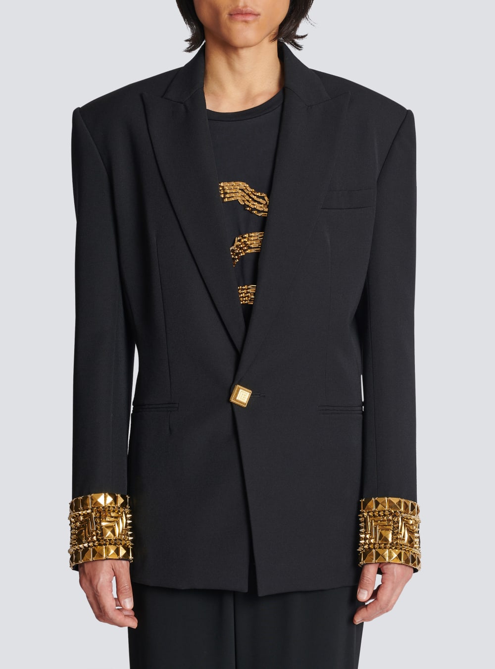 Men's Balmain Wool Embroidered With Pyramid Studs Blazers Black | USA YJ4Lax15