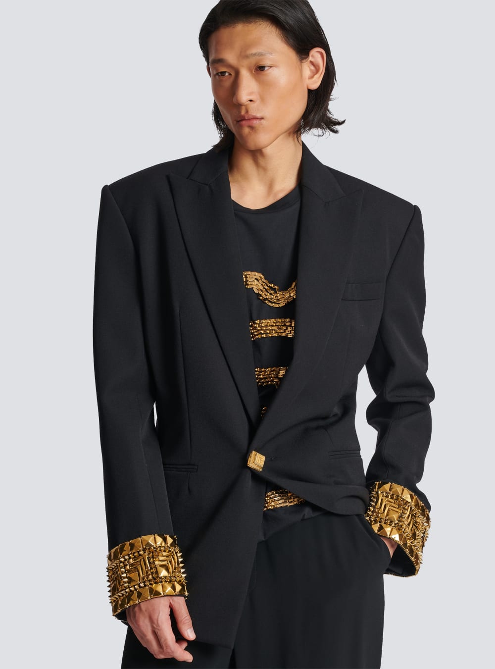 Men's Balmain Wool Embroidered With Pyramid Studs Blazers Black | USA YJ4Lax15