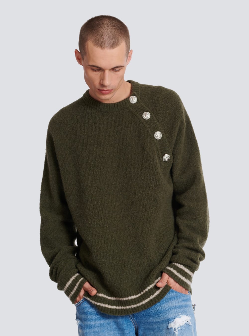 Men's Balmain Wool Jumpers Khaki | USA wXySBjnj