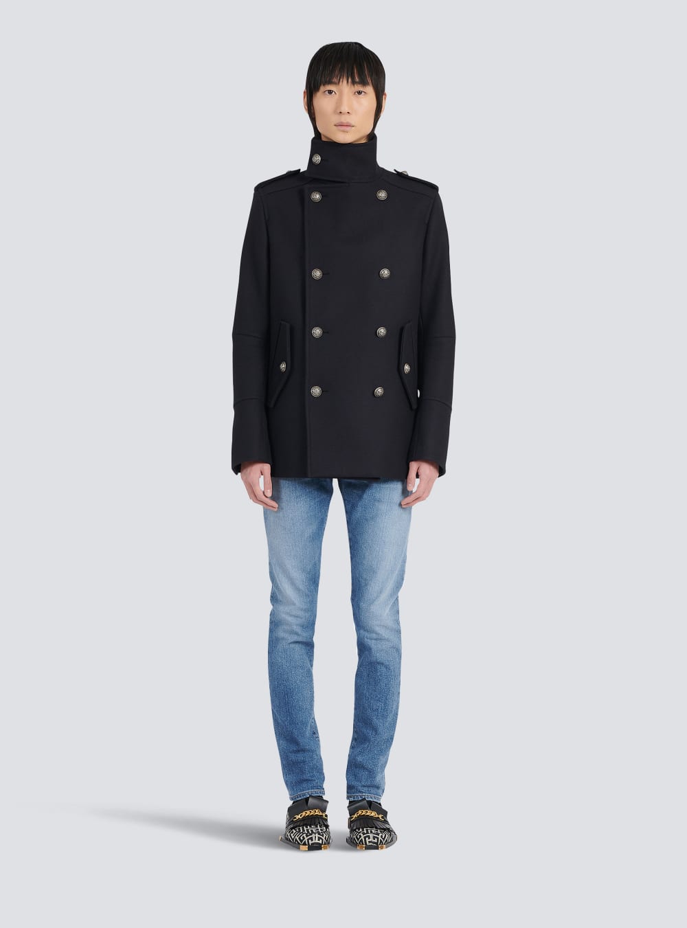 Men's Balmain Wool Military Pea With Double-breasted Silver-tone Buttoned Fastening Jackets Black | USA szG4LiKI