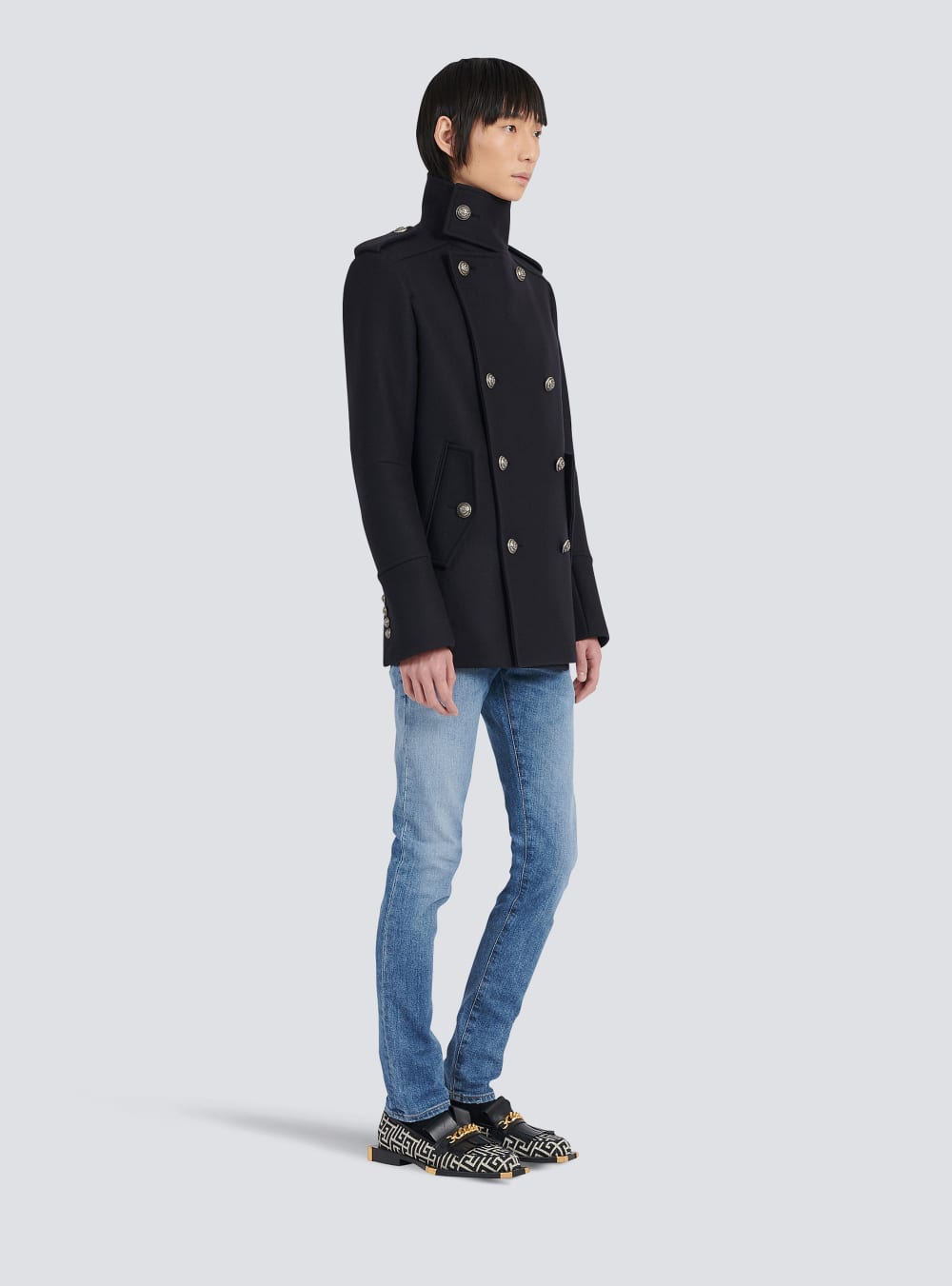 Men's Balmain Wool Military Pea With Double-breasted Silver-tone Buttoned Fastening Jackets Black | USA szG4LiKI