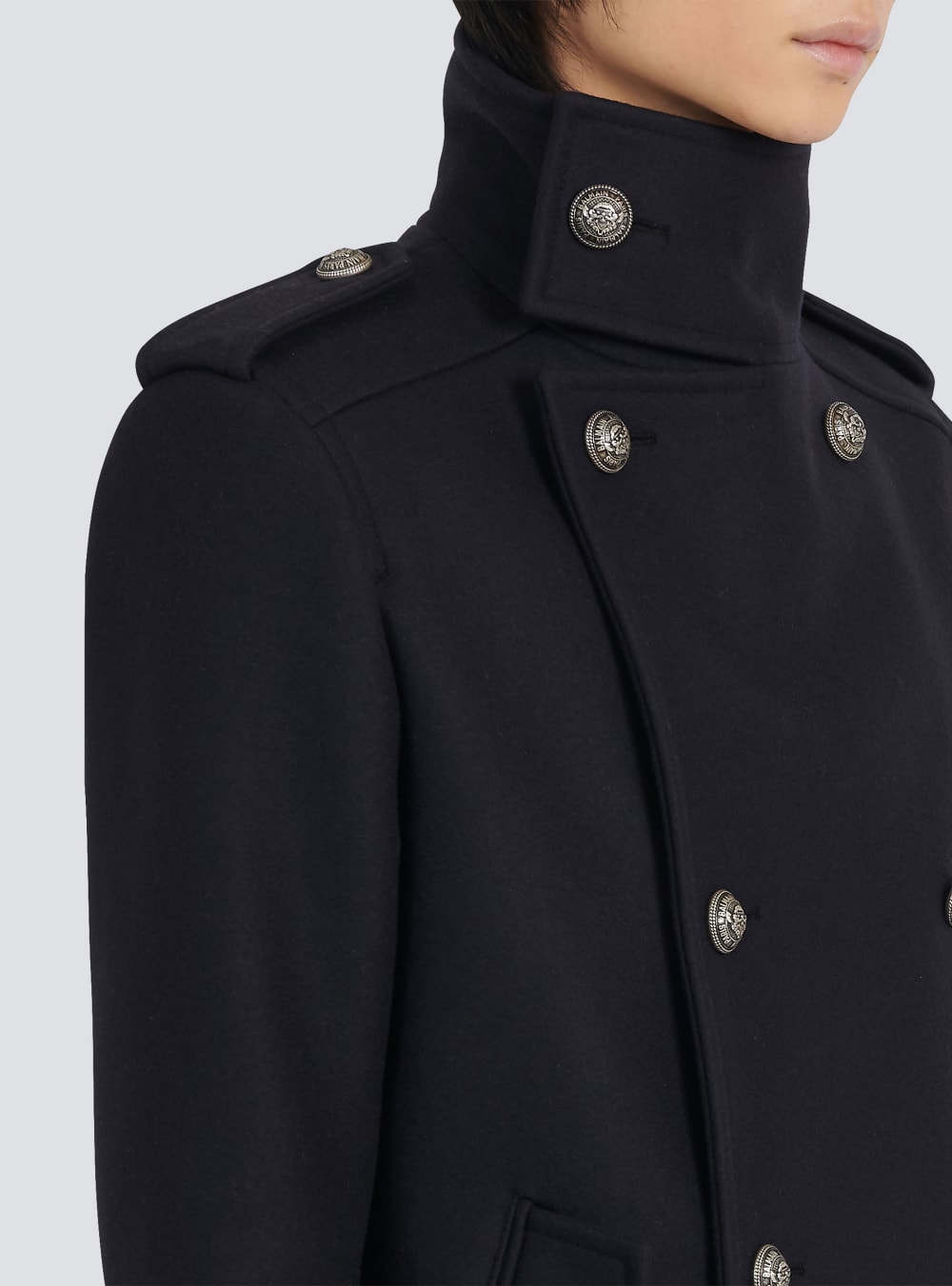 Men's Balmain Wool Military Pea With Double-breasted Silver-tone Buttoned Fastening Jackets Black | USA szG4LiKI