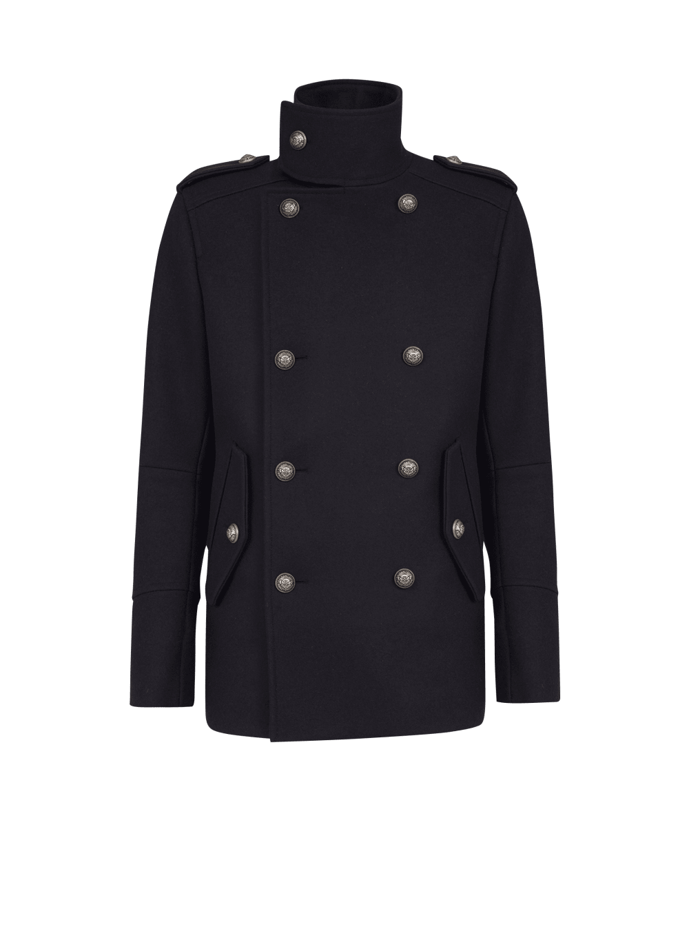 Men\'s Balmain Wool Military Pea With Double-breasted Silver-tone Buttoned Fastening Jackets Black | USA szG4LiKI