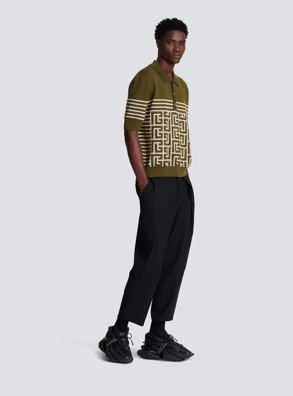 Men's Balmain Wool Polo With Monogram And Stripes Shirts Khaki | USA qxjHGKOT