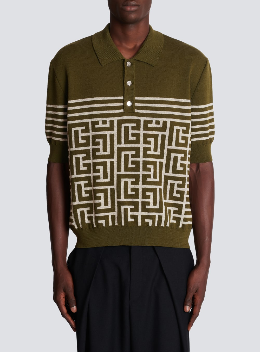 Men's Balmain Wool Polo With Monogram And Stripes Shirts Khaki | USA qxjHGKOT