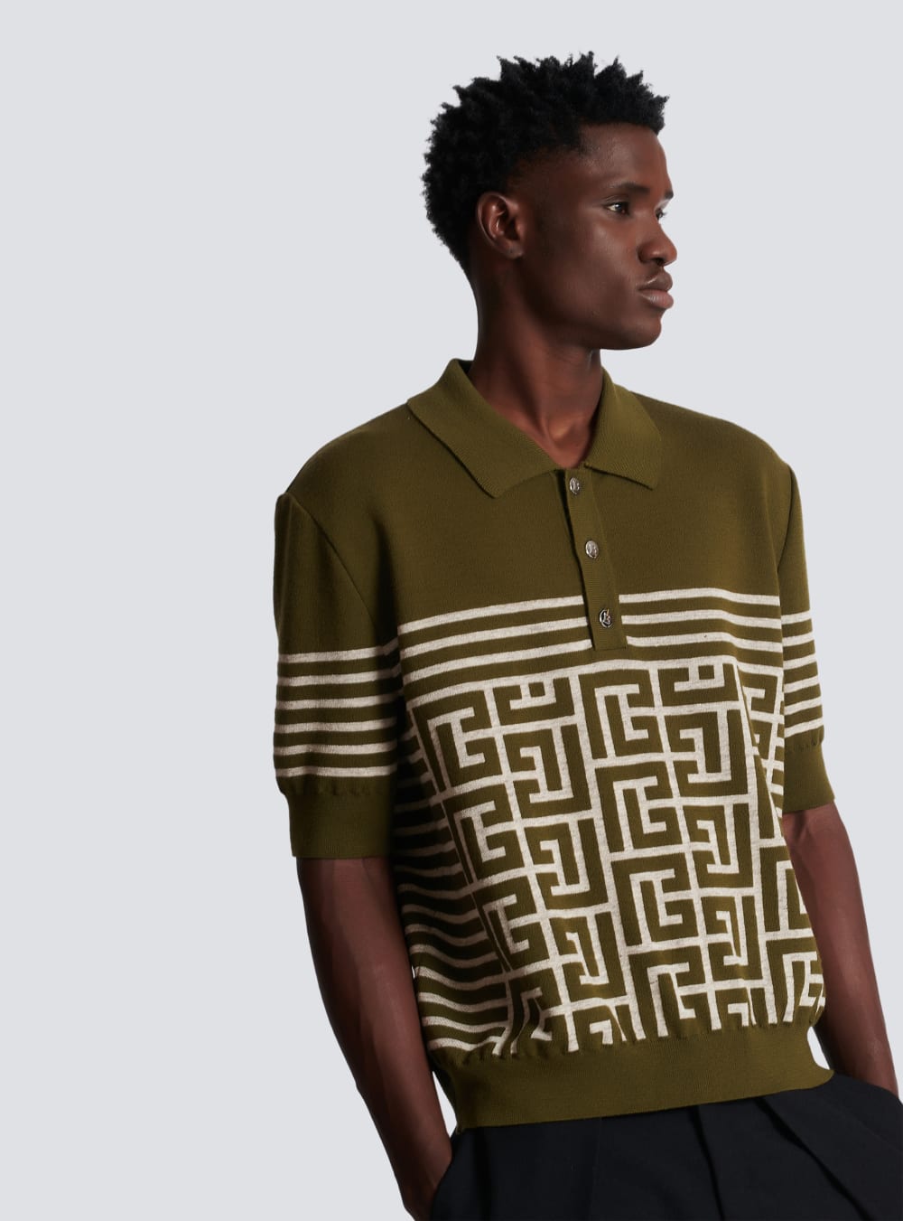 Men's Balmain Wool Polo With Monogram And Stripes Shirts Khaki | USA qxjHGKOT