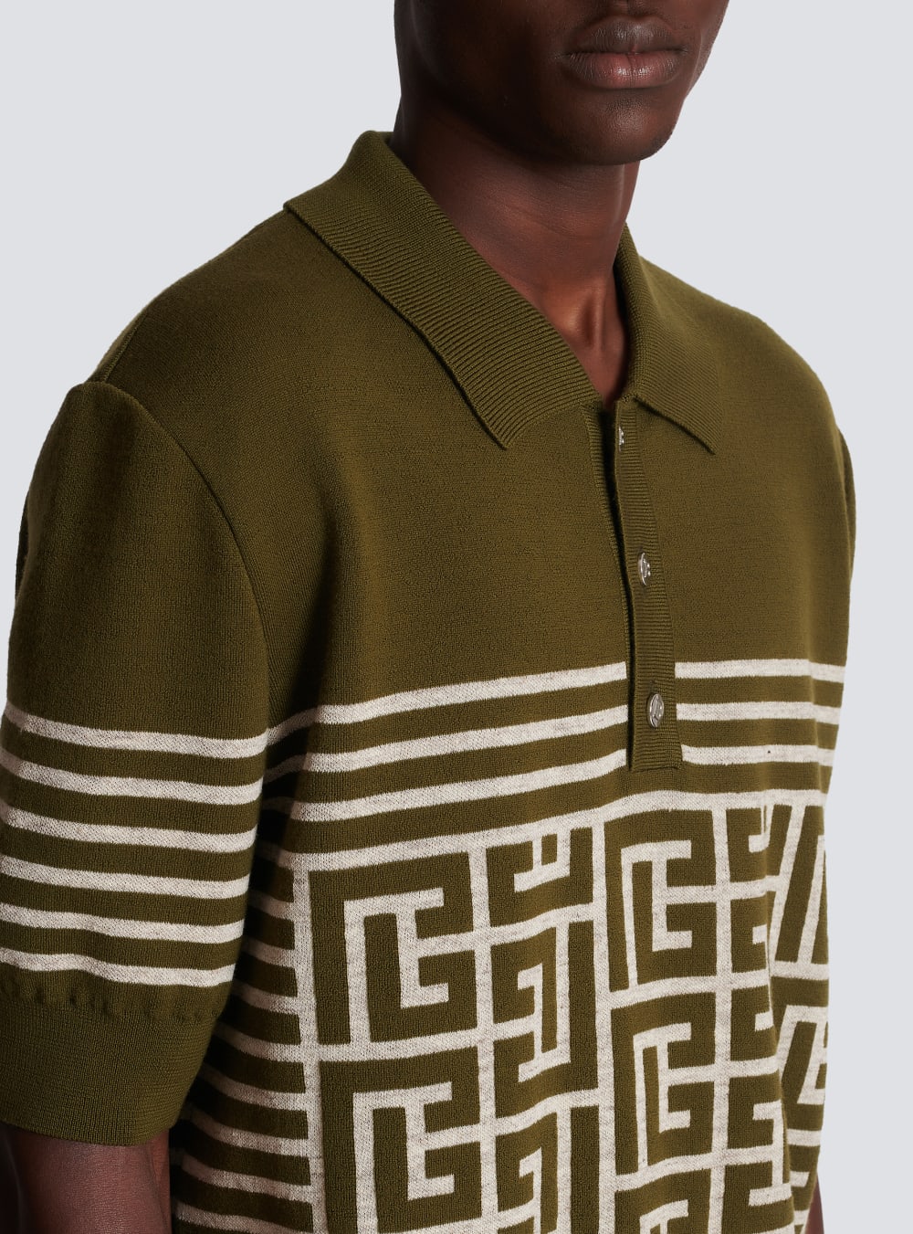 Men's Balmain Wool Polo With Monogram And Stripes Shirts Khaki | USA qxjHGKOT