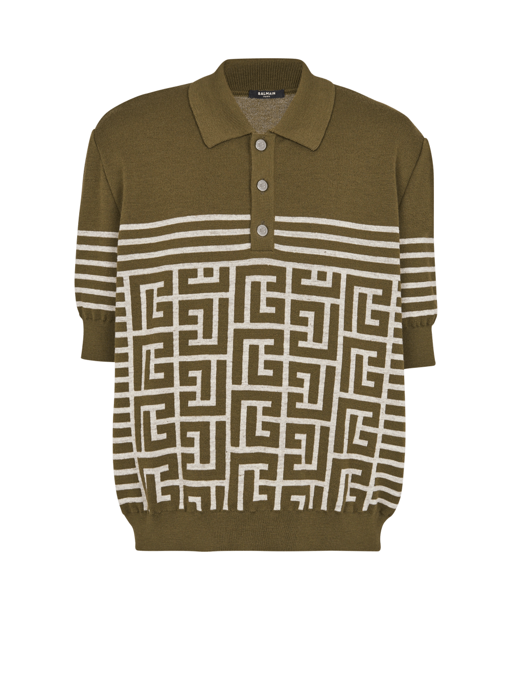 Men\'s Balmain Wool Polo With Monogram And Stripes Shirts Khaki | USA qxjHGKOT