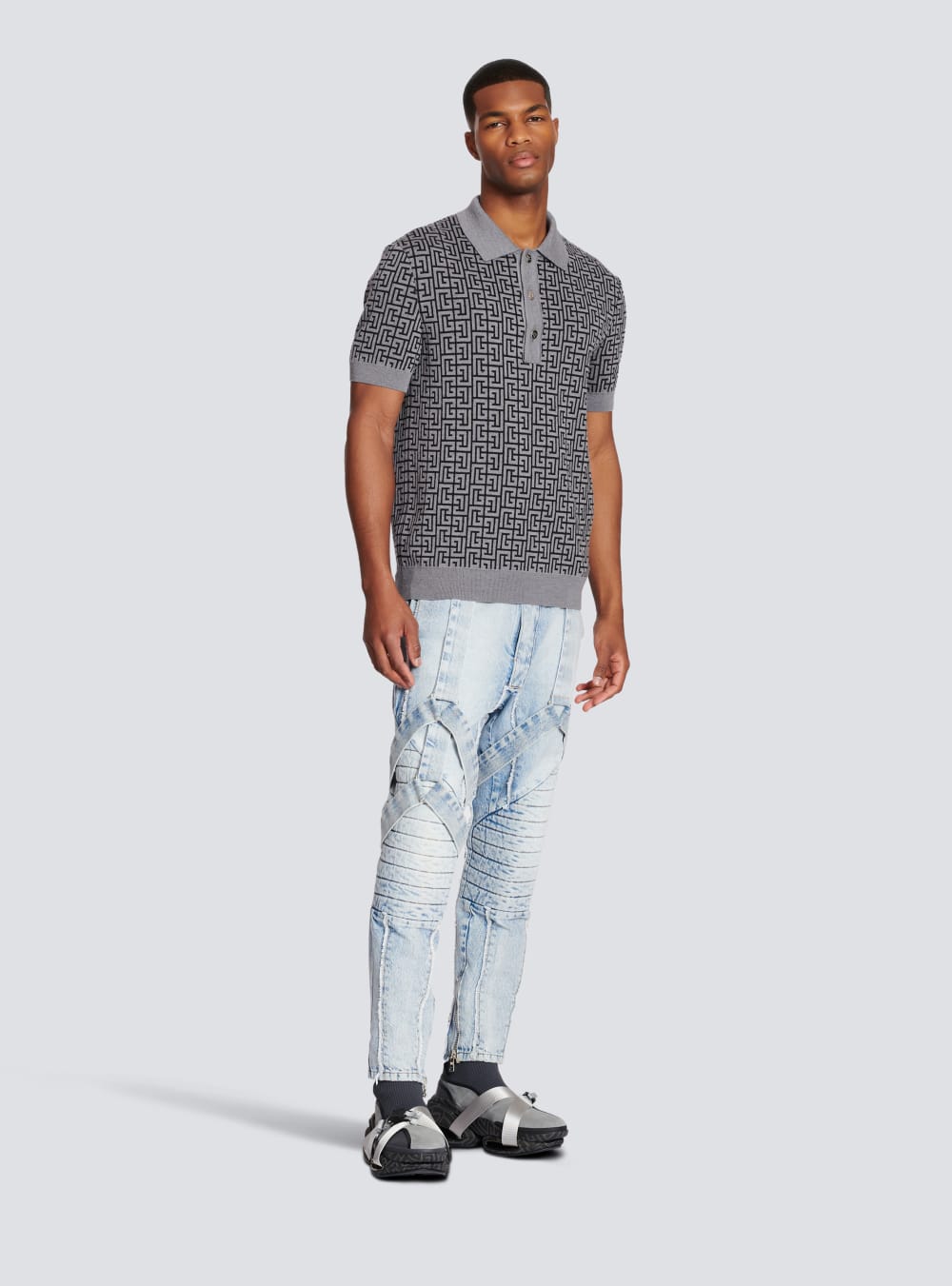 Men's Balmain Wool Polo With Monogram Shirts Grey | USA 5aezeYed