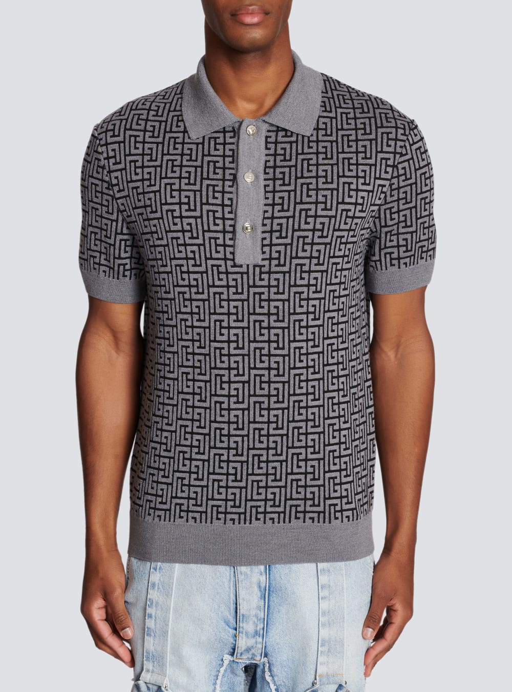 Men's Balmain Wool Polo With Monogram Shirts Grey | USA 5aezeYed