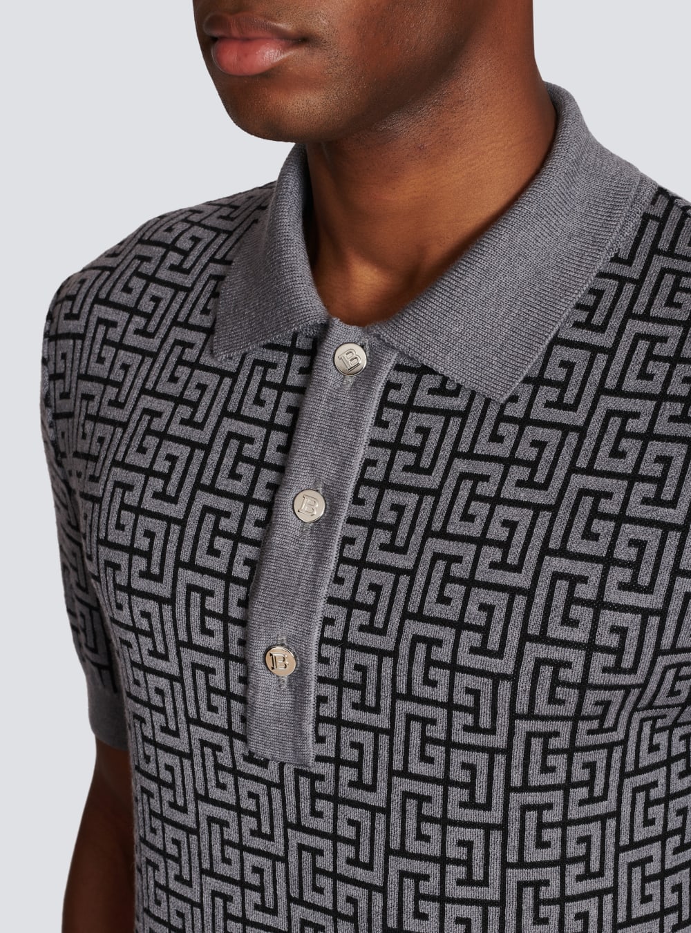 Men's Balmain Wool Polo With Monogram Shirts Grey | USA 5aezeYed