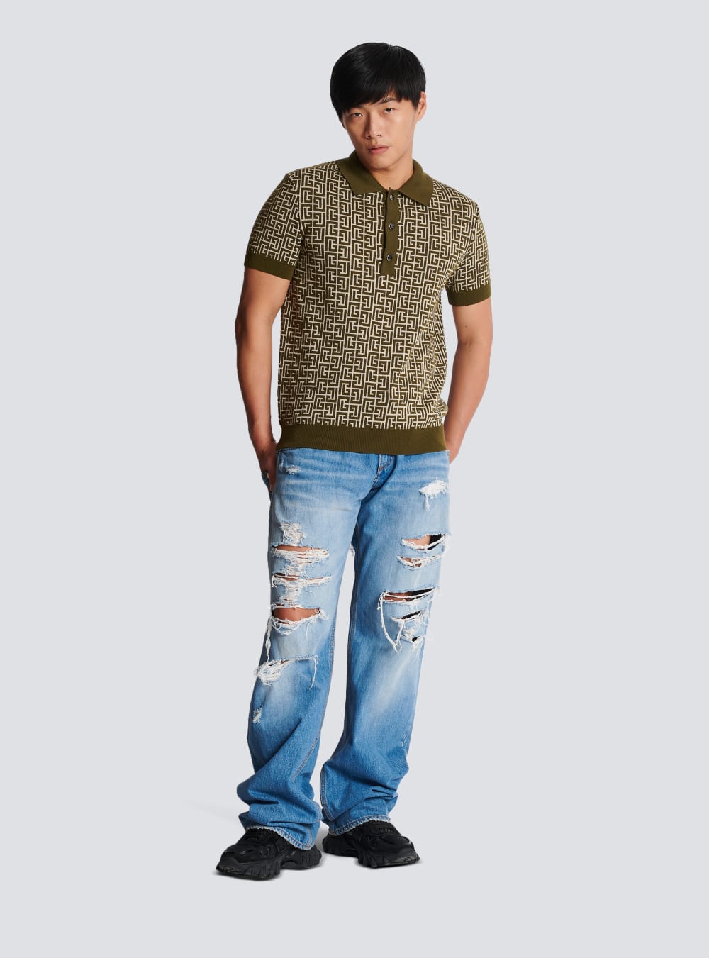 Men's Balmain Wool Polo With Monogram Shirts Khaki | USA lgHXjv1r