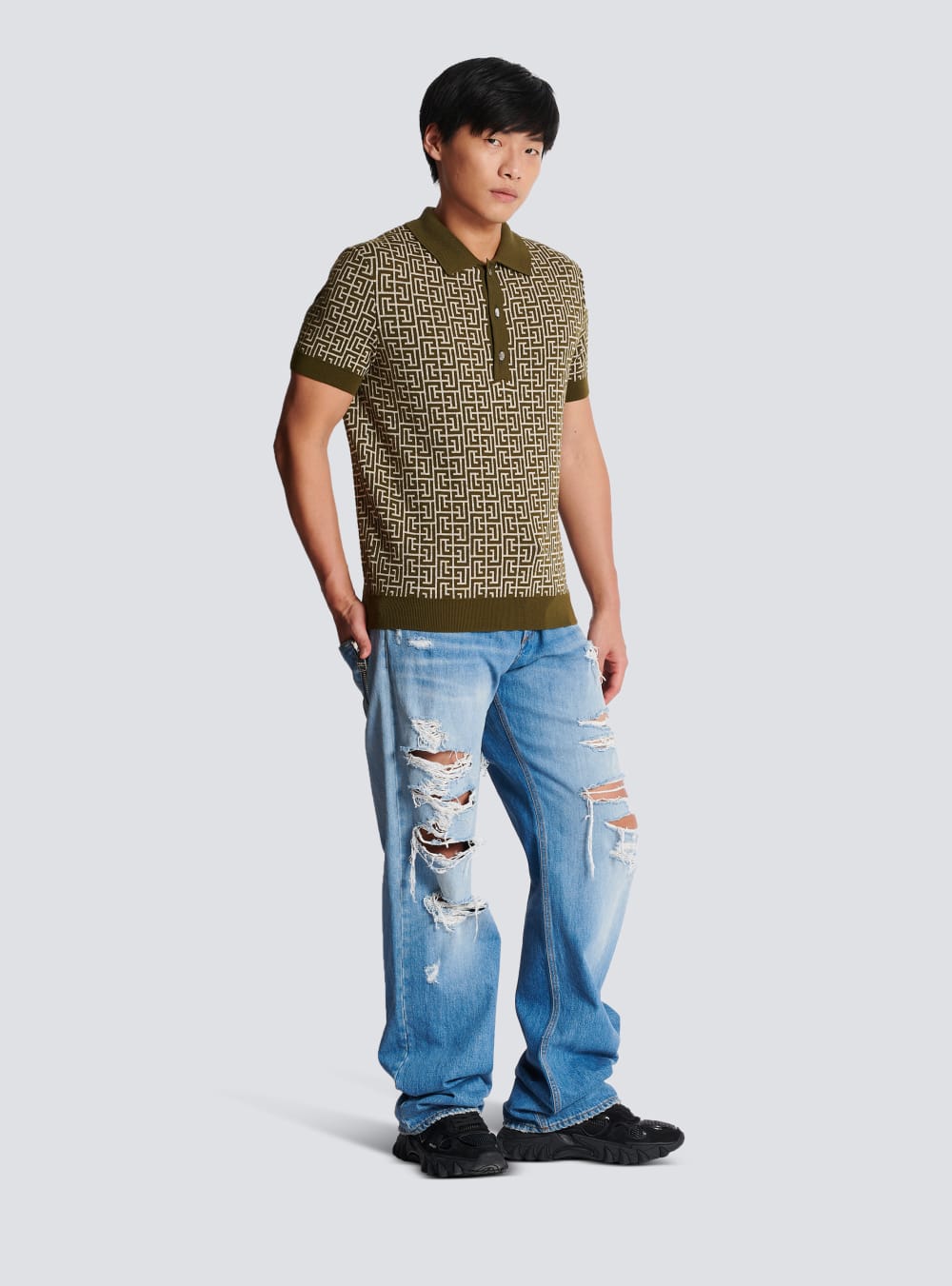 Men's Balmain Wool Polo With Monogram Shirts Khaki | USA lgHXjv1r