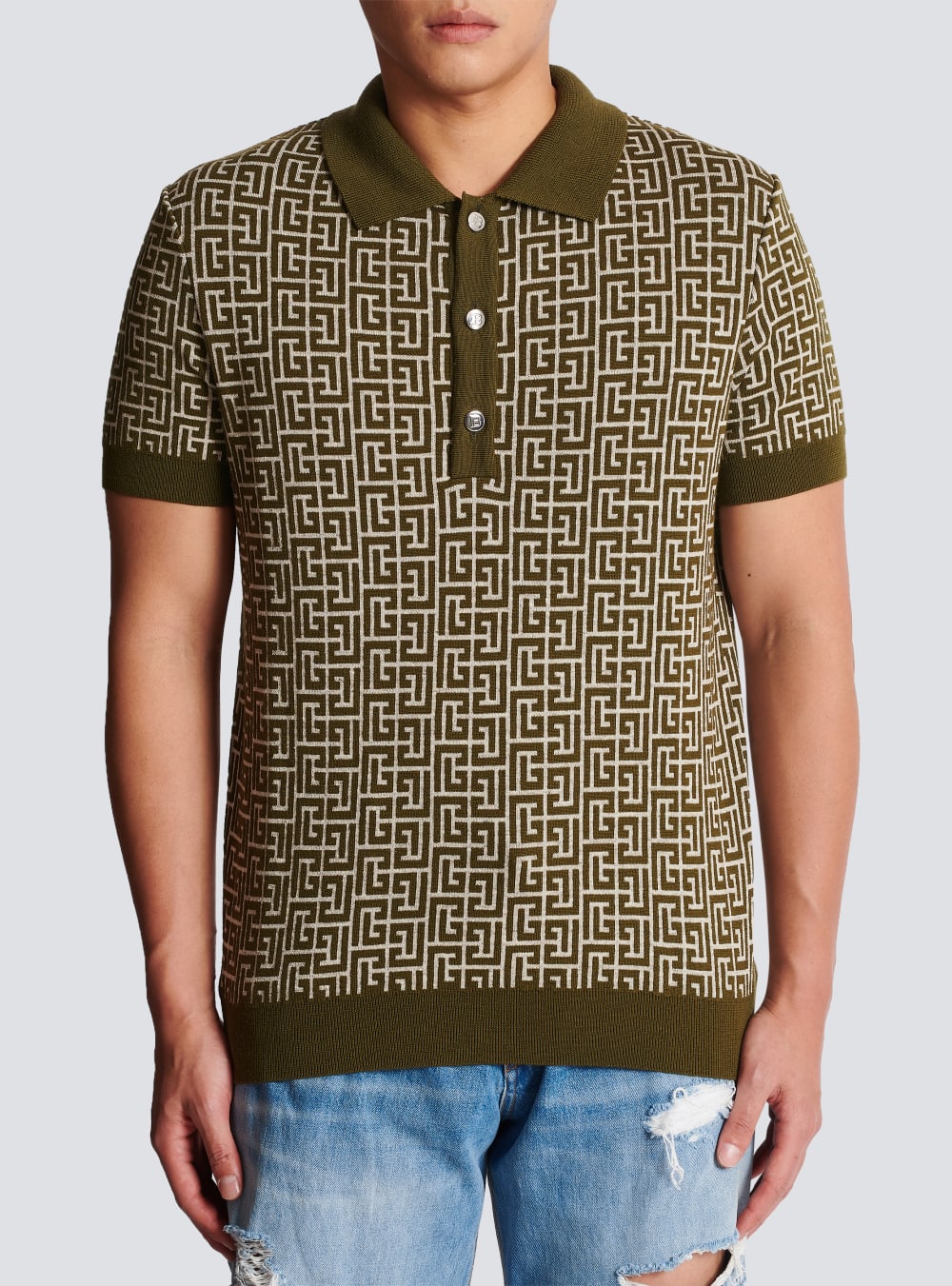 Men's Balmain Wool Polo With Monogram Shirts Khaki | USA lgHXjv1r