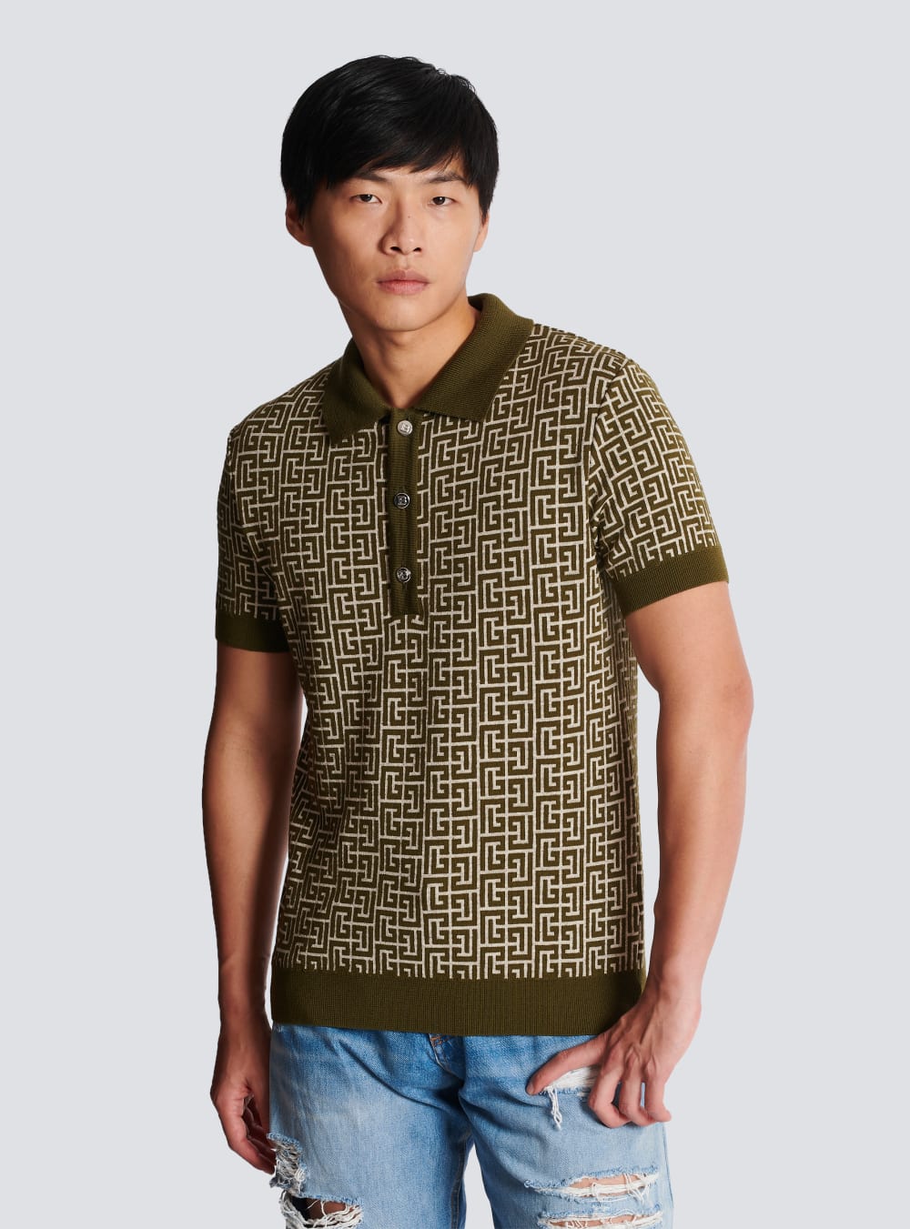 Men's Balmain Wool Polo With Monogram Shirts Khaki | USA lgHXjv1r