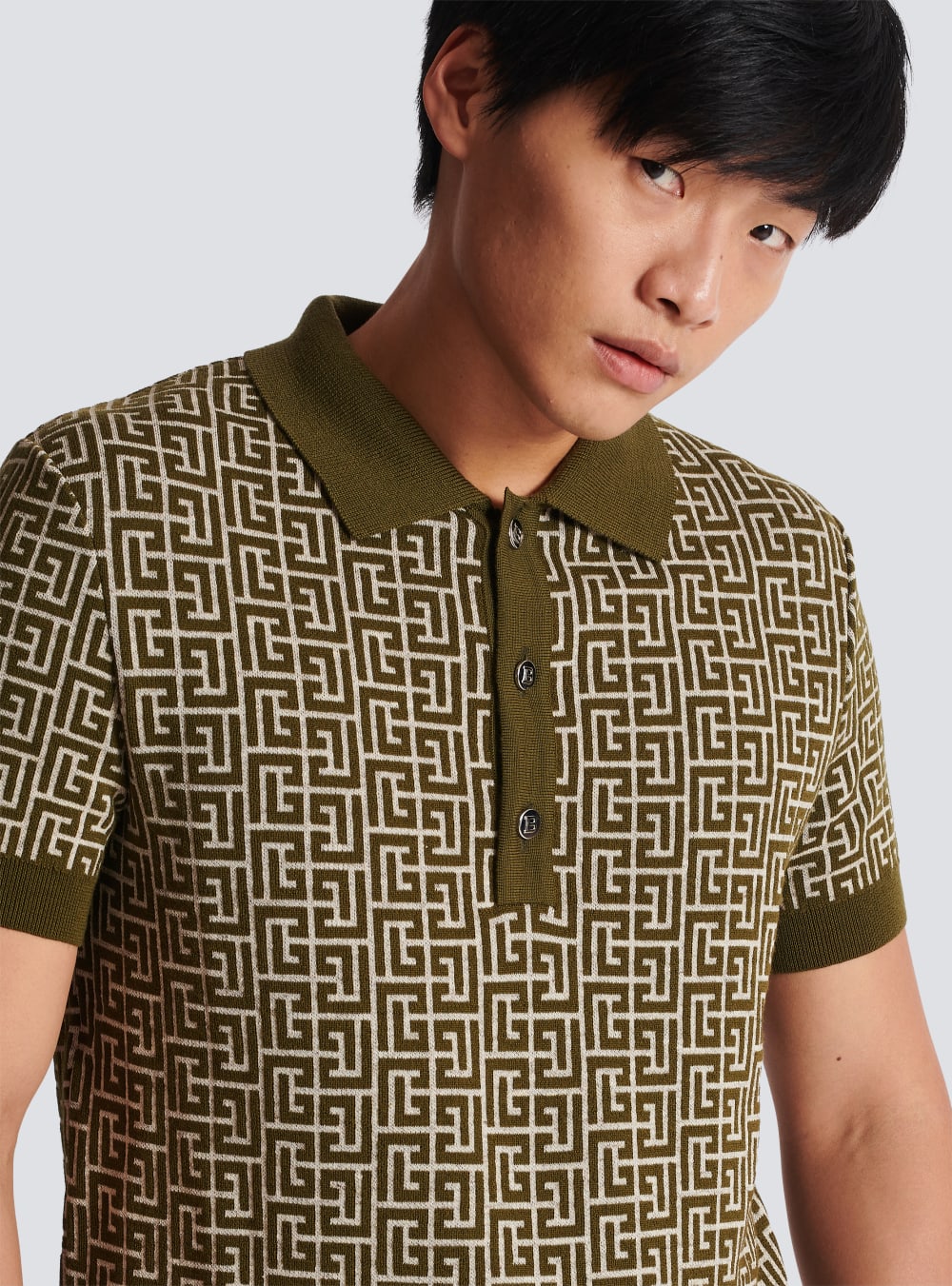 Men's Balmain Wool Polo With Monogram Shirts Khaki | USA lgHXjv1r