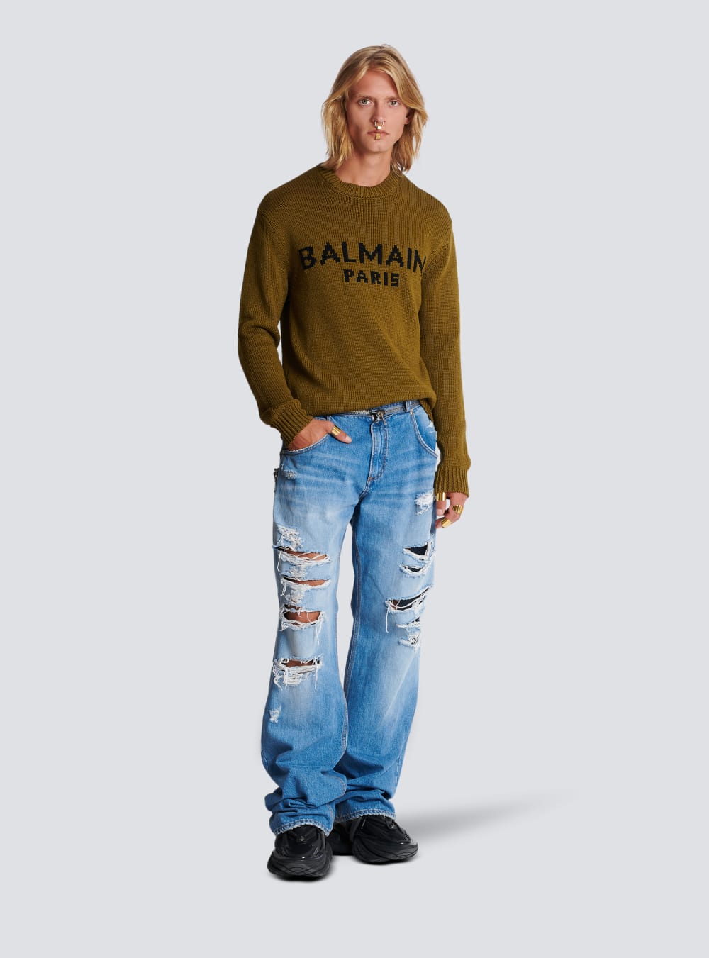 Men's Balmain Wool With Logo Jumpers Khaki | USA 04IlA7O3