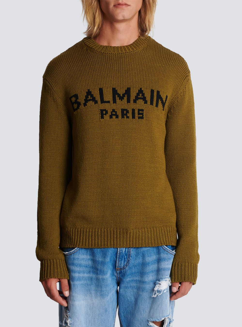 Men's Balmain Wool With Logo Jumpers Khaki | USA 04IlA7O3