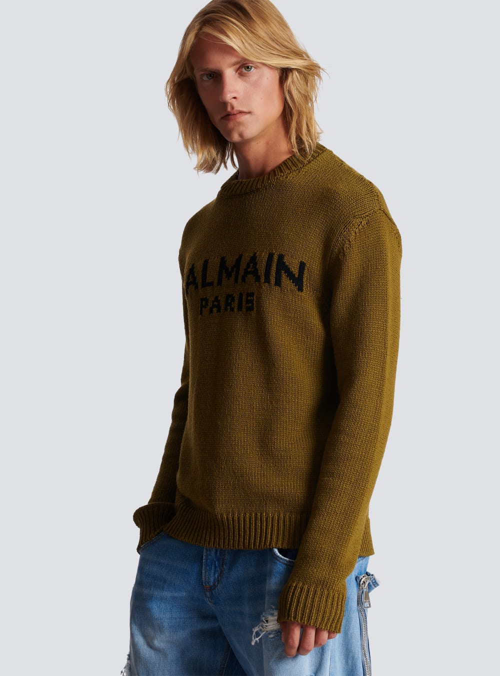 Men's Balmain Wool With Logo Jumpers Khaki | USA 04IlA7O3