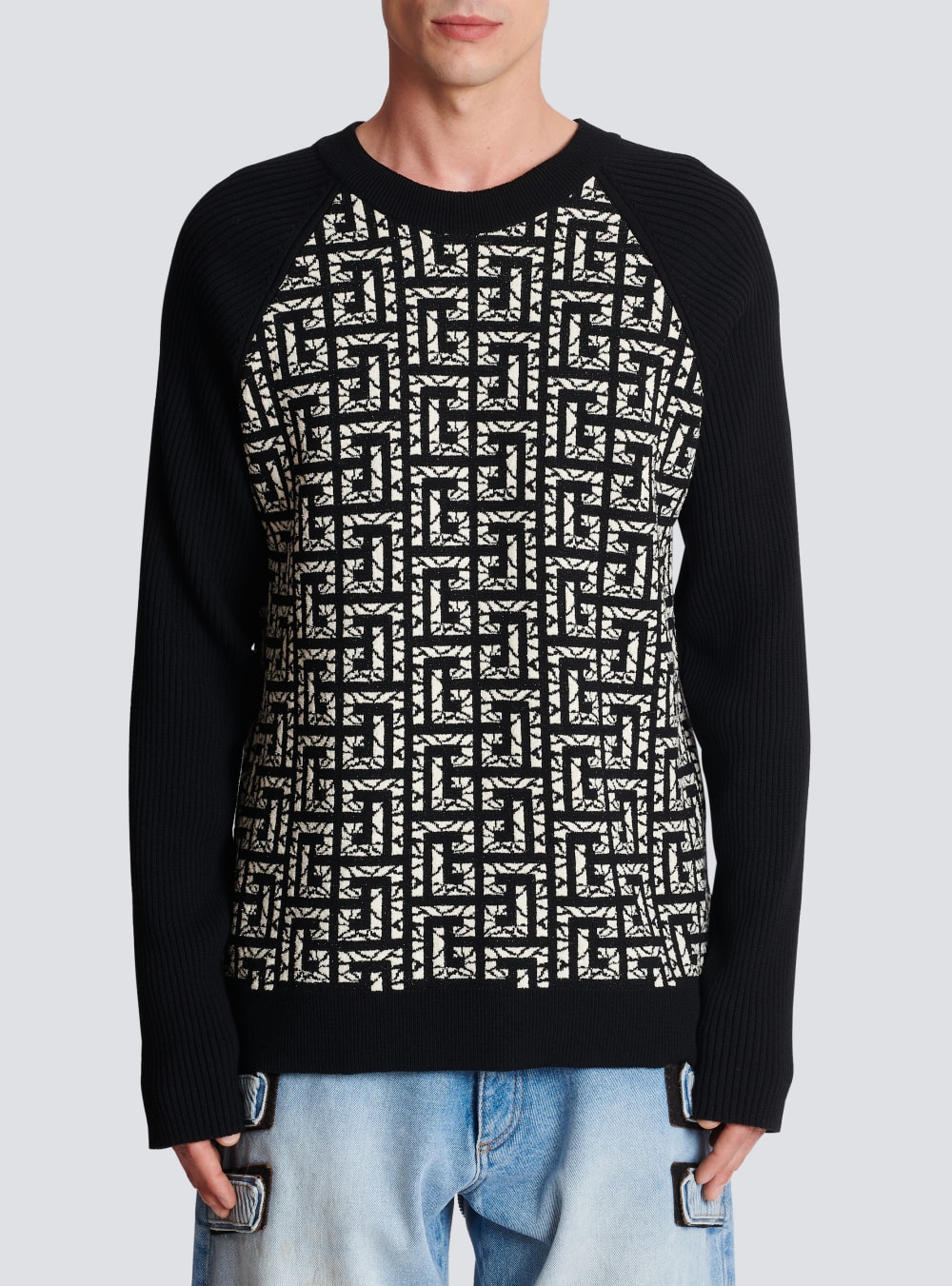 Men's Balmain Wool With Marbled Monogram Jumpers Black | USA H2Uz8uK9