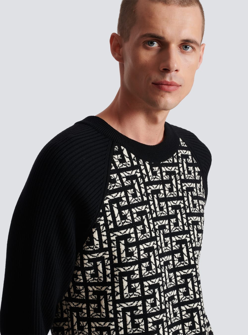 Men's Balmain Wool With Marbled Monogram Jumpers Black | USA H2Uz8uK9