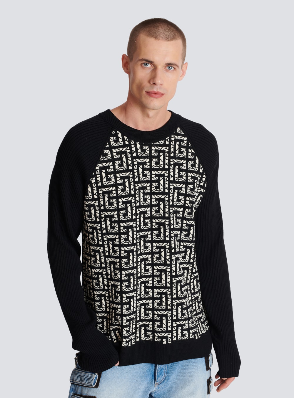 Men's Balmain Wool With Marbled Monogram Jumpers Black | USA H2Uz8uK9