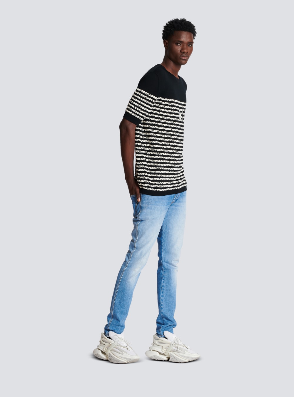 Men's Balmain Wool With Marbled Stripes T Shirts Black | USA NLAmWypJ