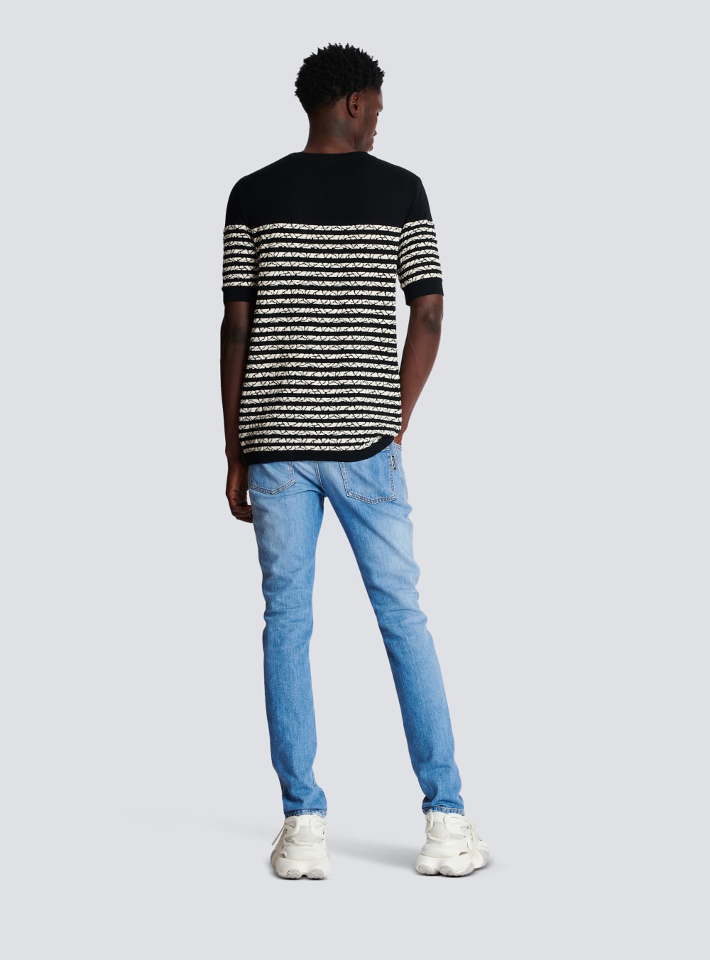 Men's Balmain Wool With Marbled Stripes T Shirts Black | USA NLAmWypJ