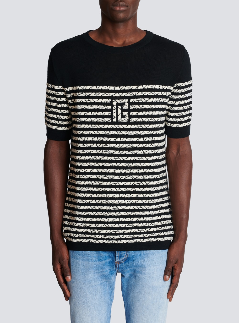 Men's Balmain Wool With Marbled Stripes T Shirts Black | USA NLAmWypJ