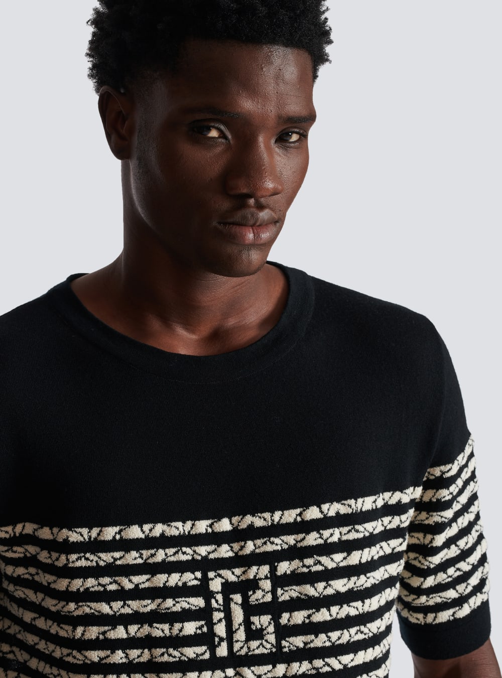 Men's Balmain Wool With Marbled Stripes T Shirts Black | USA NLAmWypJ