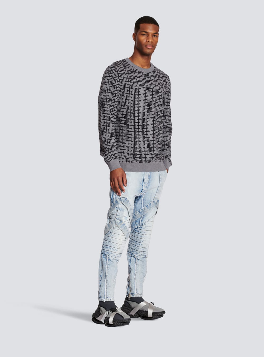 Men's Balmain Wool With Monogram Jumpers Grey | USA cFdRapU3