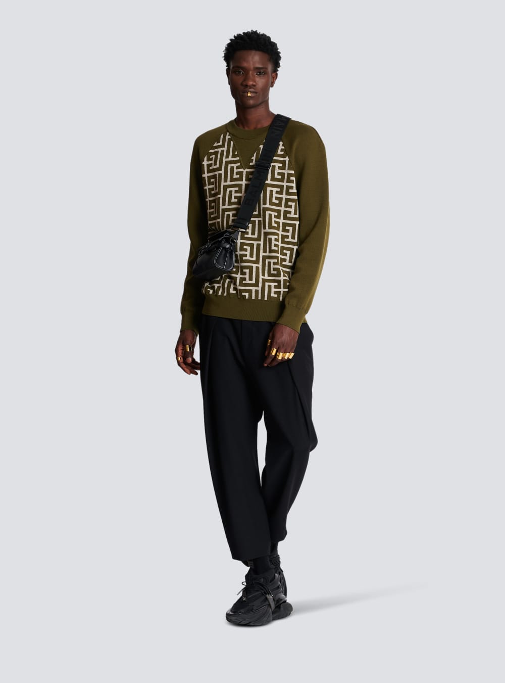 Men's Balmain Wool With Monogram Jumpers Khaki | USA t3KMTmyD