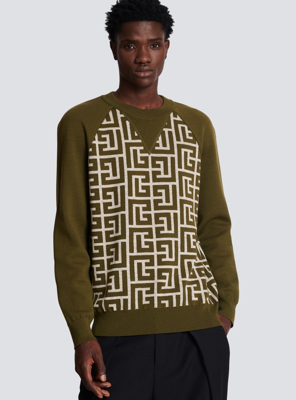 Men's Balmain Wool With Monogram Jumpers Khaki | USA t3KMTmyD