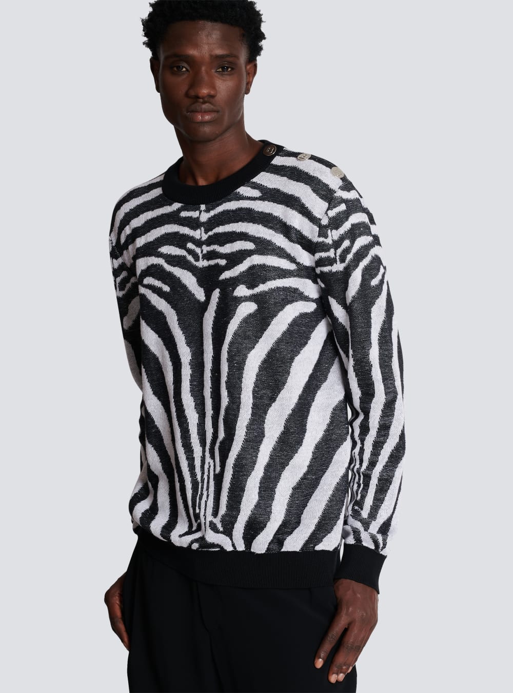 Men's Balmain Zebra Print Linen Jumpers Black | USA XpTjPRuL