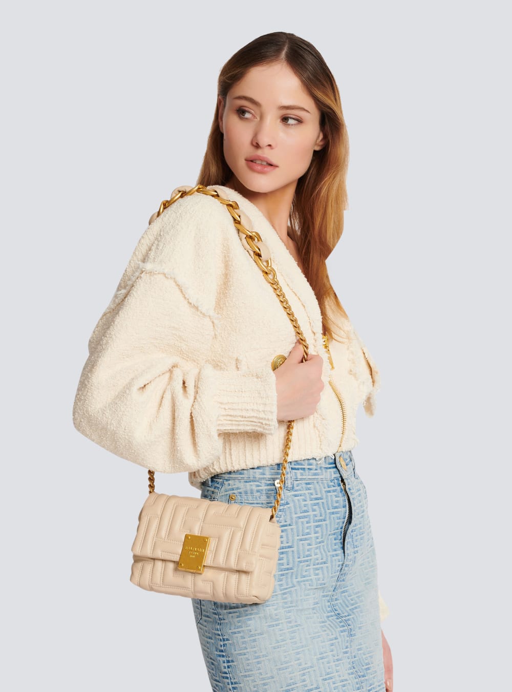 Women's Balmain 1945 Soft Mini In Quilted Leather Crossbody Bags Beige | USA kKI4RQEx