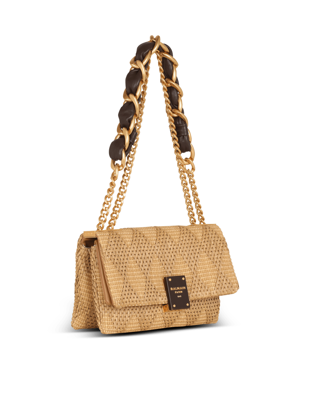 Women's Balmain 1945 Soft Small In Leather And Raffia Shoulder Bags Brown | USA kVKBx8Pb