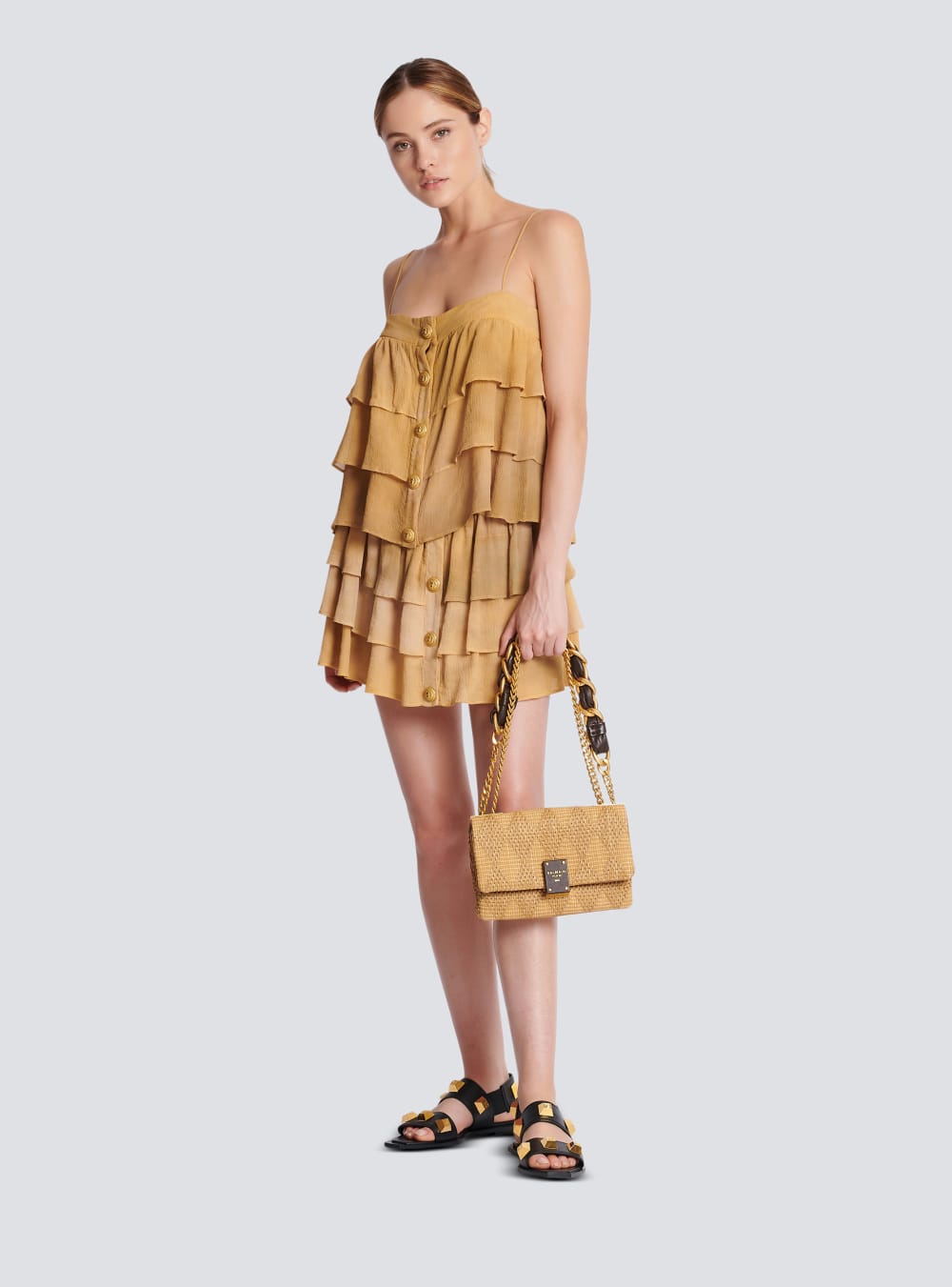 Women's Balmain 1945 Soft Small In Leather And Raffia Shoulder Bags Brown | USA kVKBx8Pb