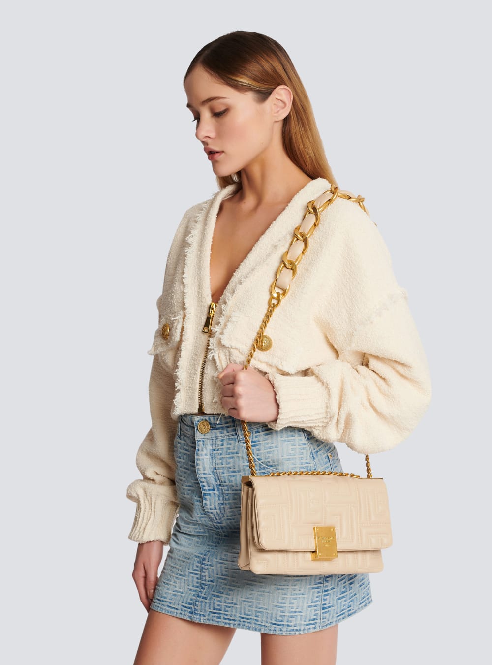 Women's Balmain 1945 Soft Small In Quilted Leather Shoulder Bags Beige | USA LNzjfoCU