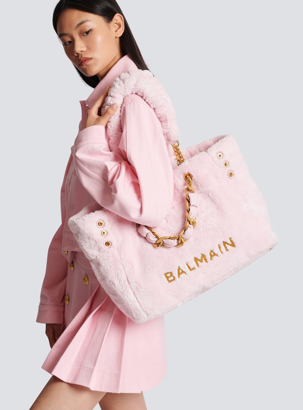 Women's Balmain 1945 Soft Terry Cloth Tote Bags Pink | USA luX4hmD4