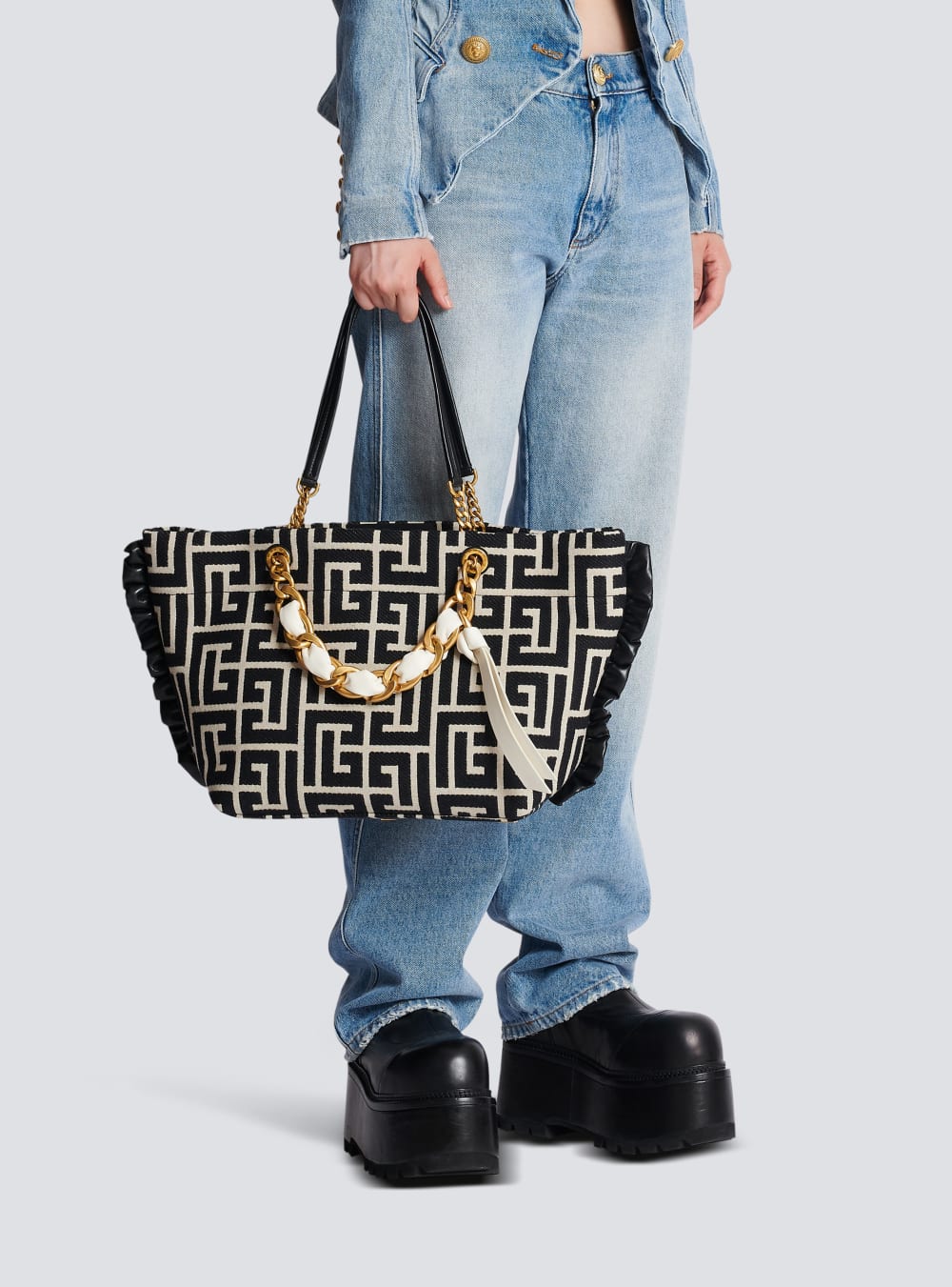 Women's Balmain 1945 Soft With Jacquard Monogram Tote Bags Black | USA Xjc9WiWY