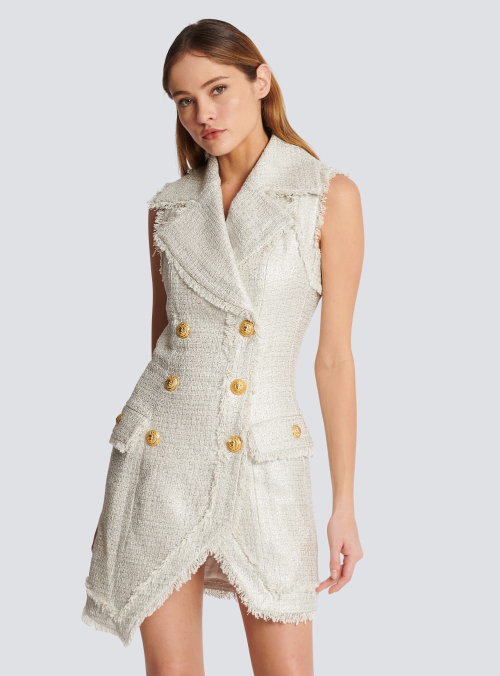 Women's Balmain 6-button Asymmetric Tweed Dress Silver | USA GF7bSxfy