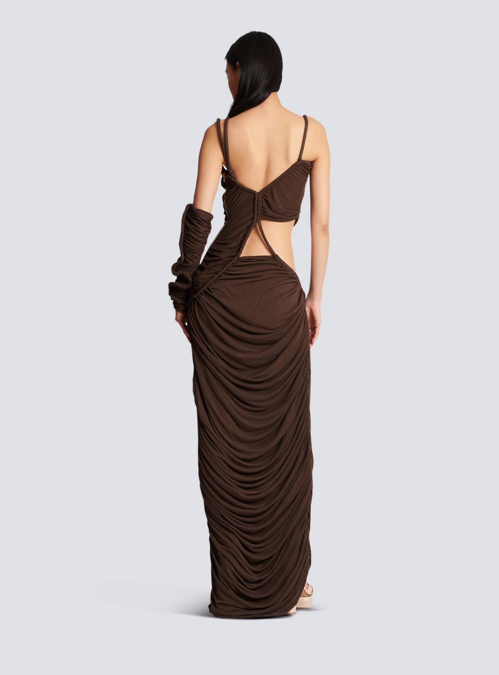 Women's Balmain Asymmetric Draped Jersey Maxi Dress Brown | USA mG3YhK85