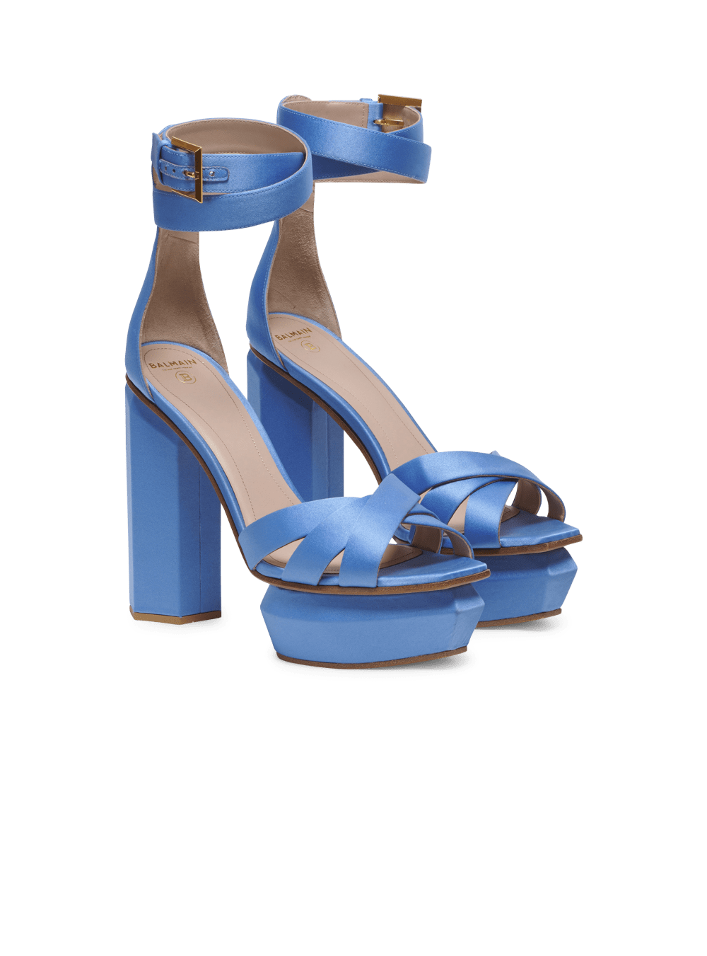 Women's Balmain Ava Satin Platform Sandals Blue | USA E66s4M8s