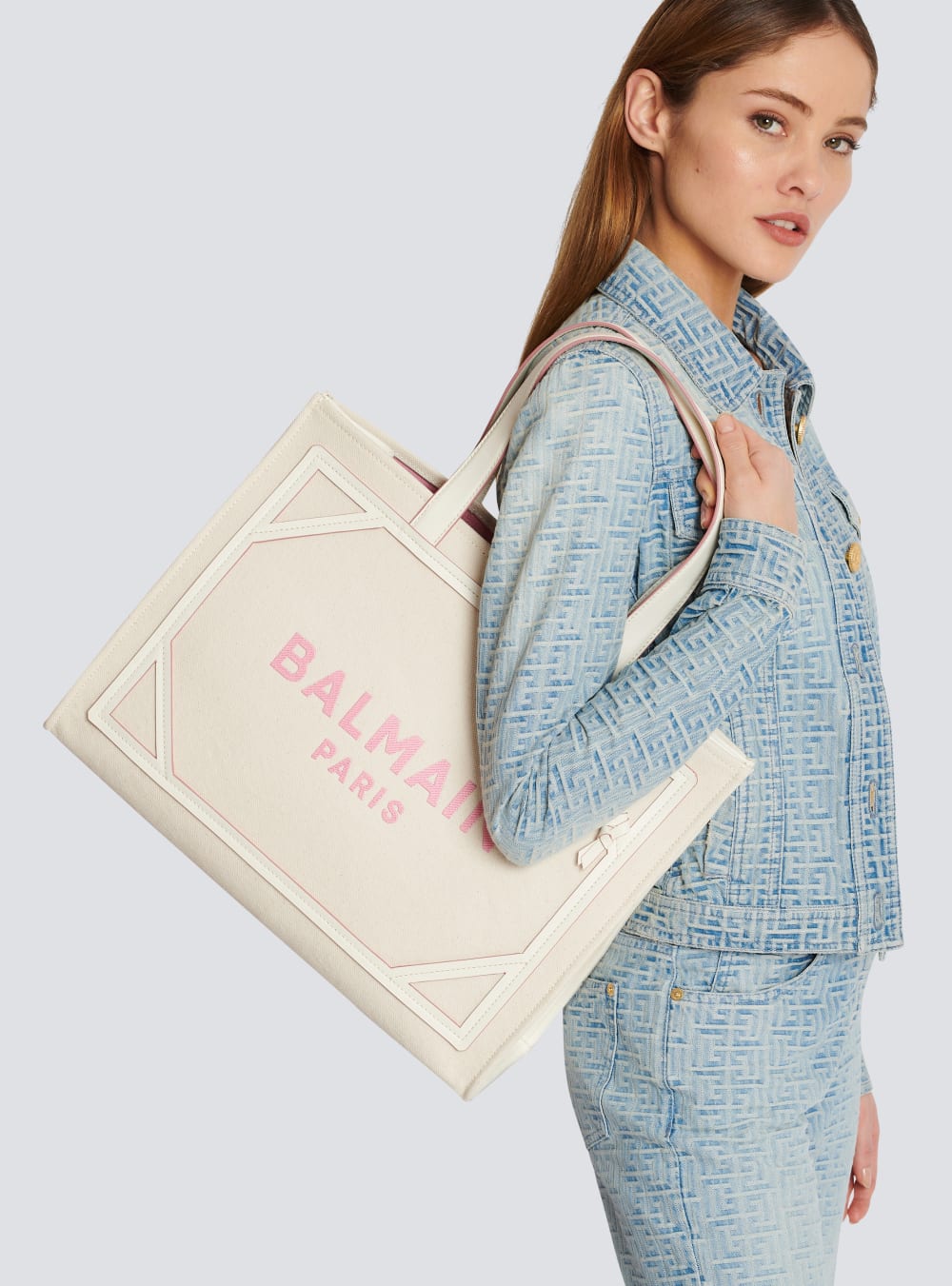 Women's Balmain B-Army 42 Canvas With Leather Details Tote Bags Beige | USA I5ygl2i5