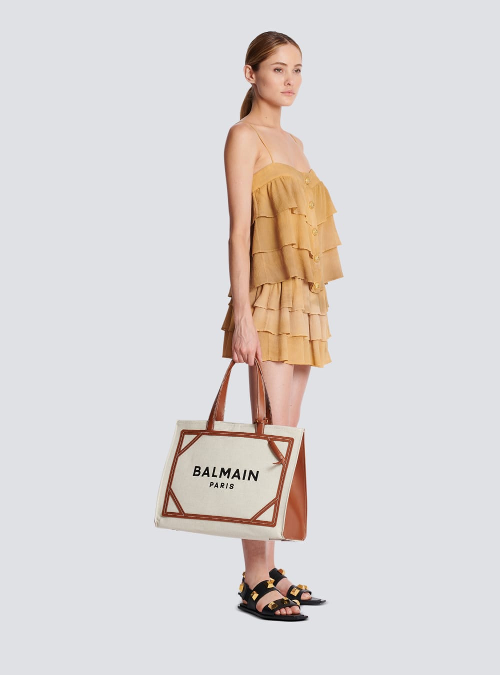 Women's Balmain B-Army 42 Canvas With Leather Details Tote Bags Beige | USA JRDRVSeR