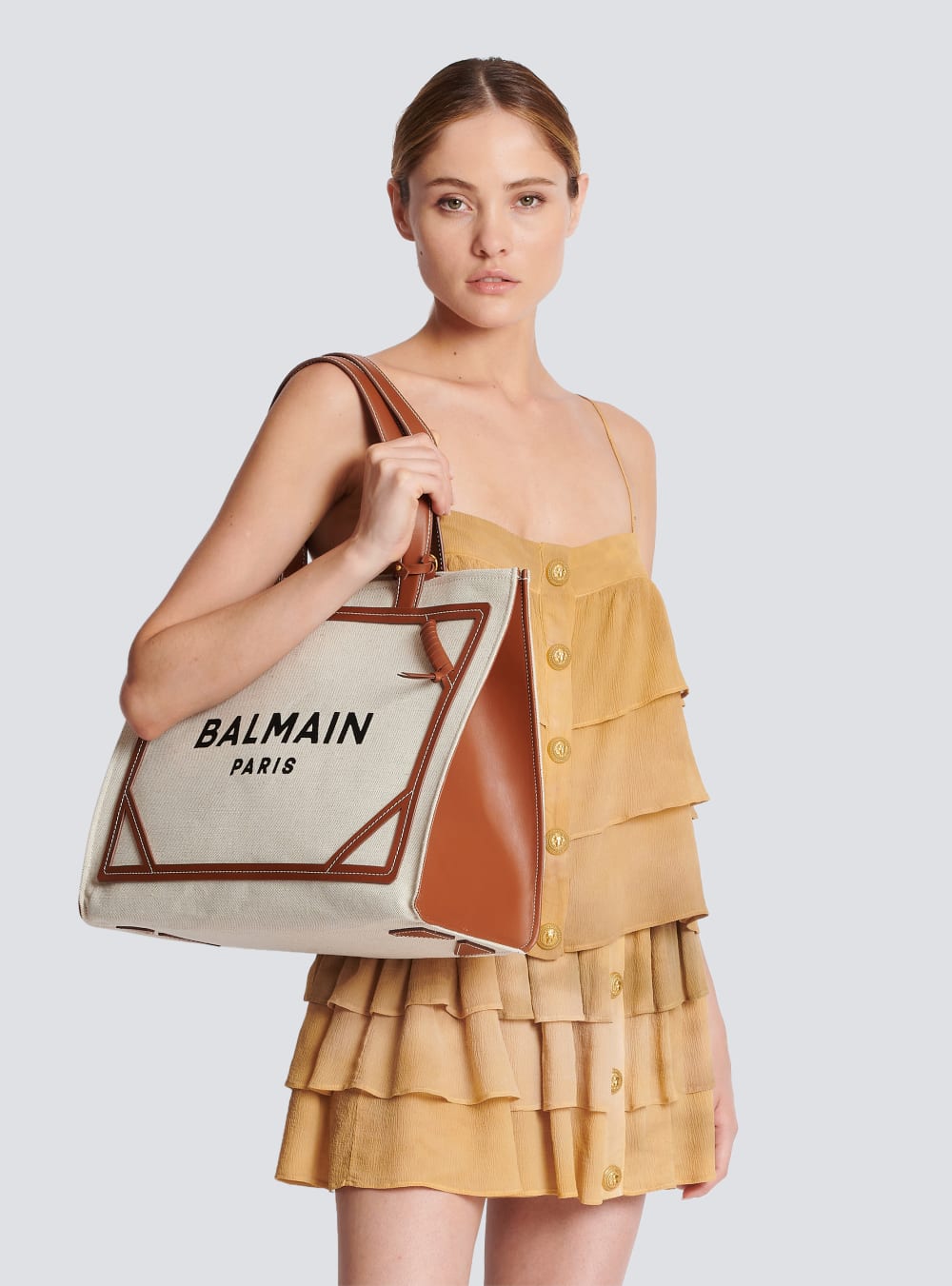 Women's Balmain B-Army 42 Canvas With Leather Details Tote Bags Beige | USA JRDRVSeR