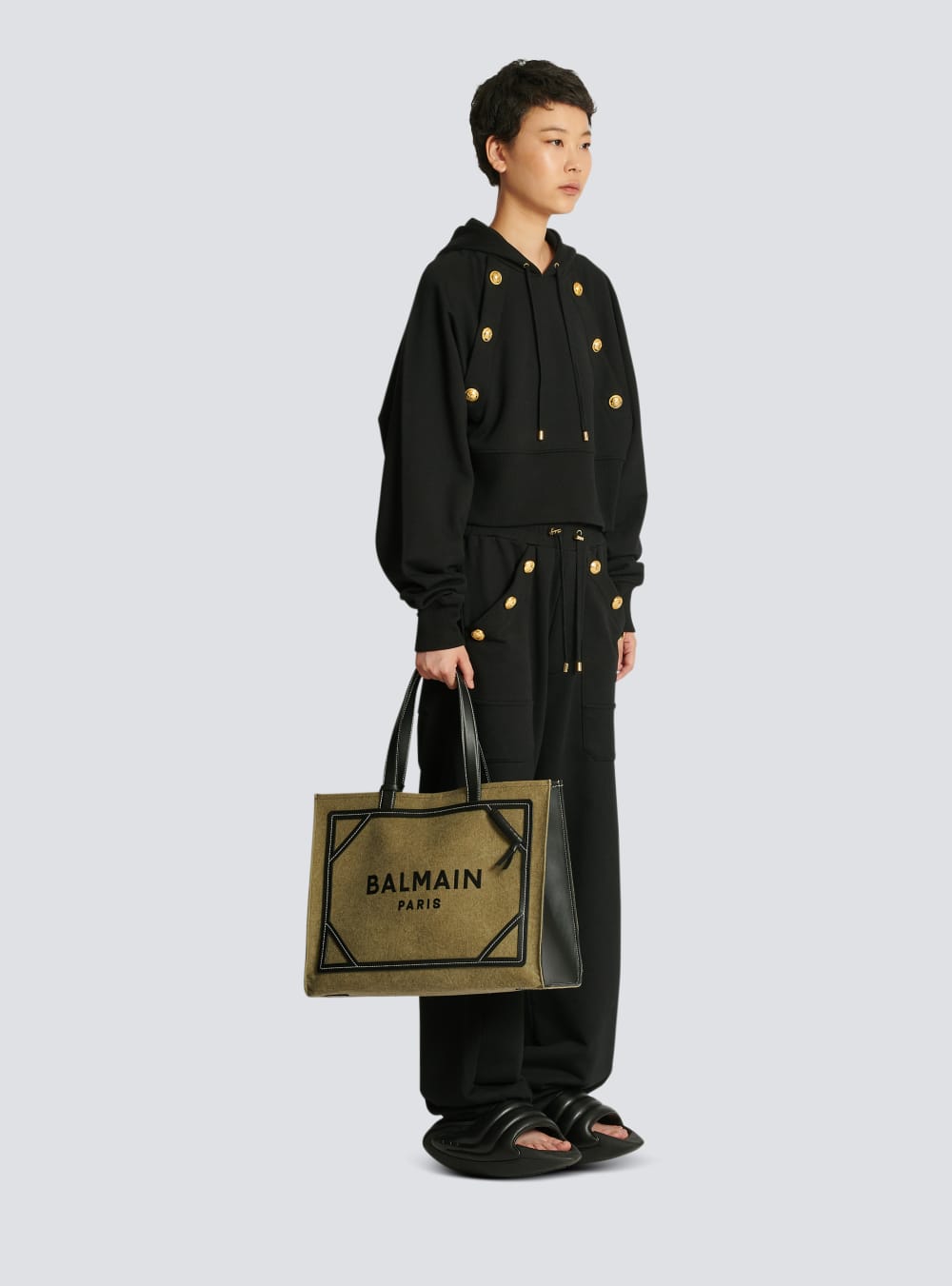 Women's Balmain B-Army 42 Canvas With Leather Details Tote Bags Khaki | USA RCPSZbU7