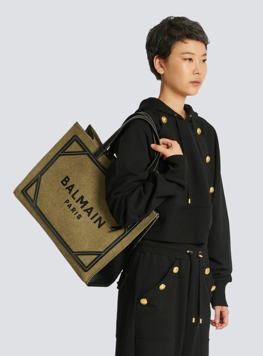 Women's Balmain B-Army 42 Canvas With Leather Details Tote Bags Khaki | USA RCPSZbU7