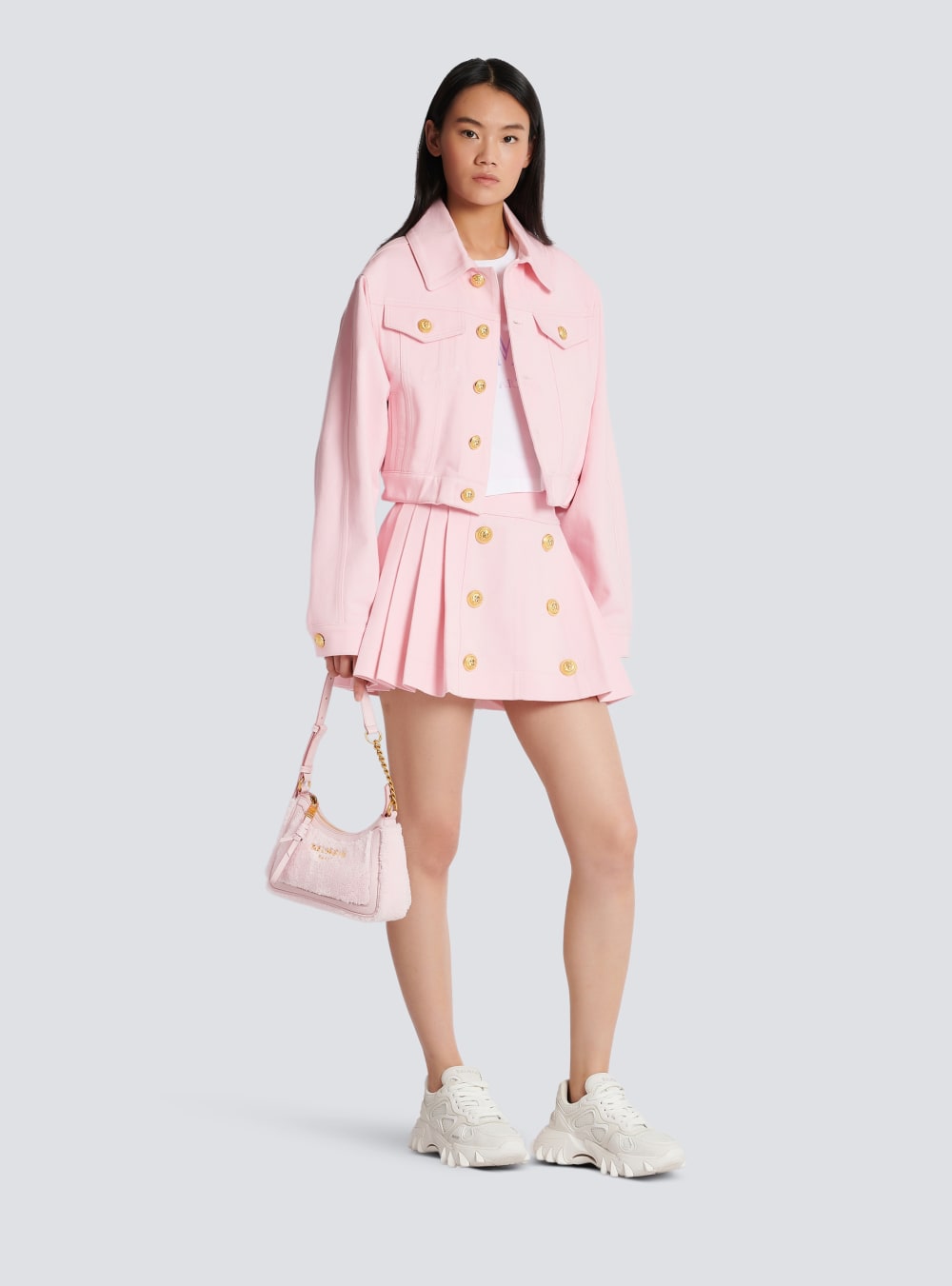 Women's Balmain B-Army Terry Cloth With Leather Details Shoulder Bags Pink | USA HCxZIOtU