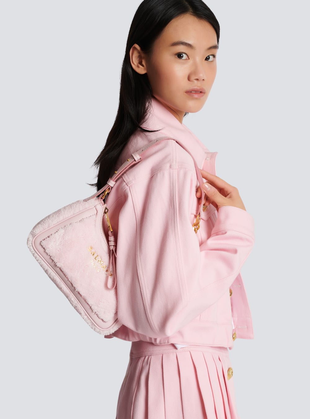 Women's Balmain B-Army Terry Cloth With Leather Details Shoulder Bags Pink | USA HCxZIOtU